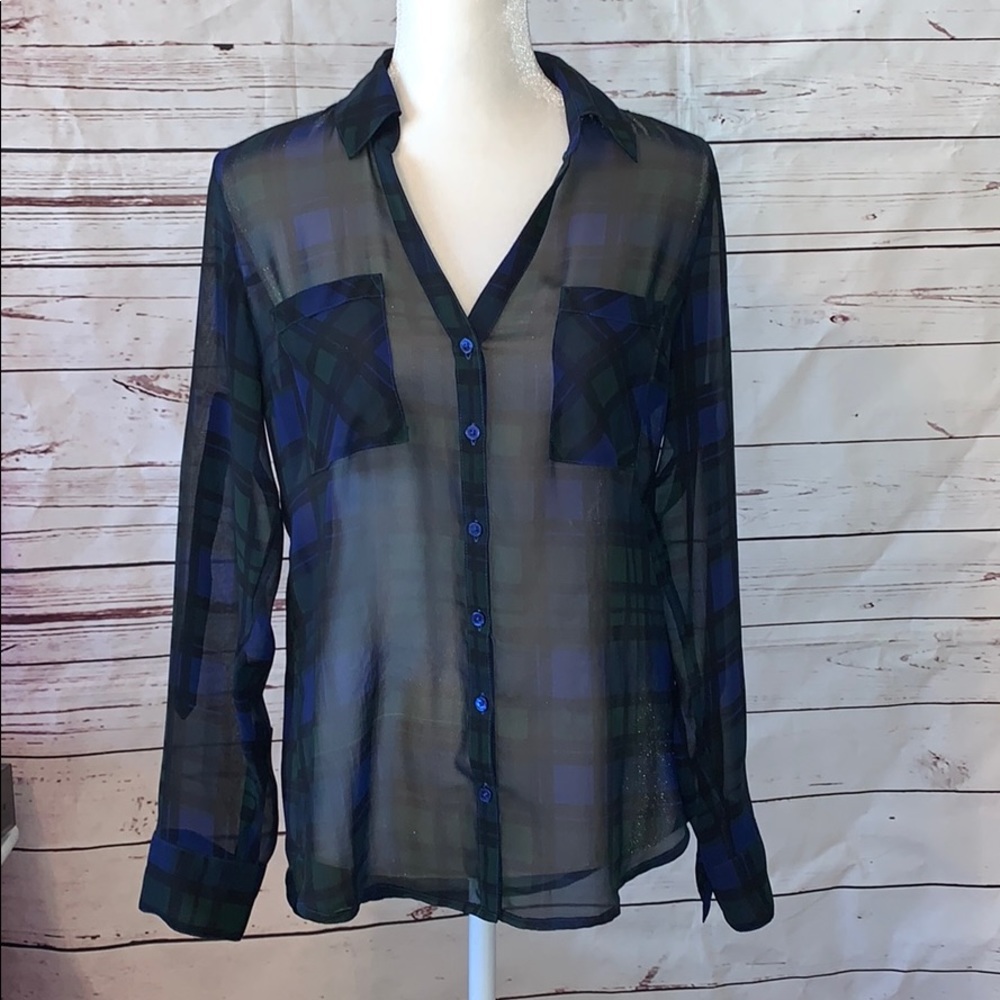 Express long sleeve sheer plaid button down shirt